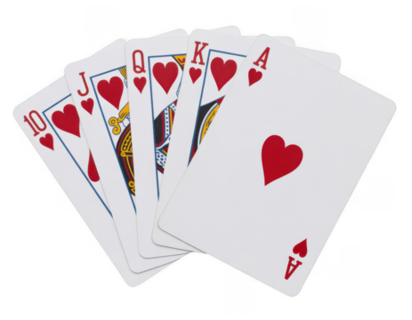 Five red heart playing cards showing ten jack queen king ace isolated on a transparent background