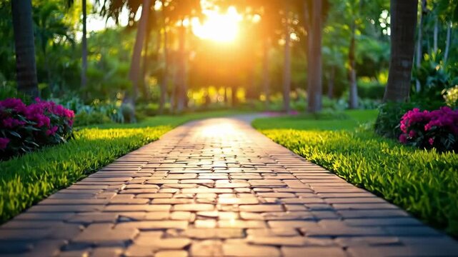 Sunlit garden path with blossoming flowers and verdant foliage at dawn