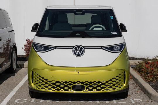Volkswagen ID. Buzz Pro S Plus at a dealership. VW offers the ID.Buzz with up to 231 miles of driving range. MY:2025