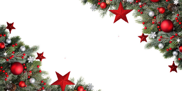 Png image of Festive christmas background featuring pine branches red ornaments stars snowflakes and berries for holiday designs and seasonal greetings cards creation on transparent background
