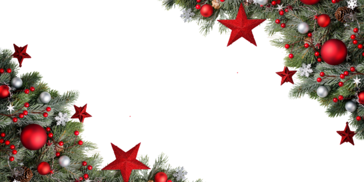 Png image of Festive christmas background featuring pine branches red ornaments stars snowflakes and berries for holiday designs and seasonal greetings cards creation on transparent background