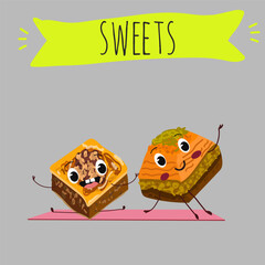 Funny Characters Turkish Traditional desserts pistachio baklava, hand drawn vector illustration.