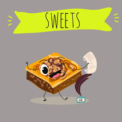 Funny Characters Turkish Traditional desserts pistachio baklava, hand drawn vector illustration.