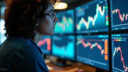 Focused professional woman working late, monitoring real-time financial data and stock market charts on multiple computer screens in a dark modern office environment. - Powered by Adobe