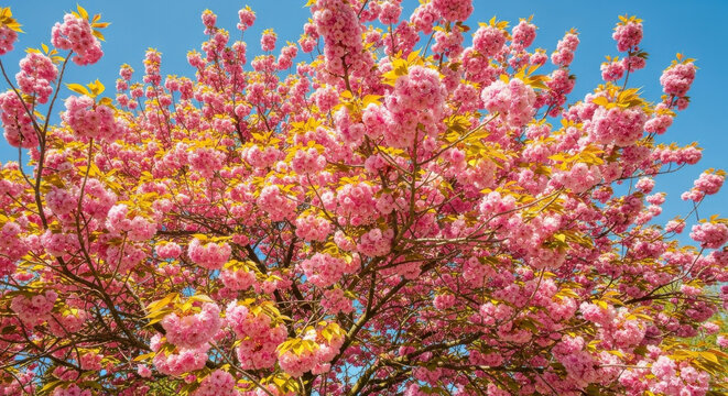 Pink cherry blossoms against a clear blue sky - Powered by Adobe