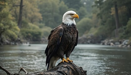 a big eagle sits on the big trunk of tree beside the river