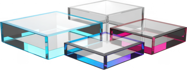 Four clear acrylic boxes with colored edges isolated on a transparent background