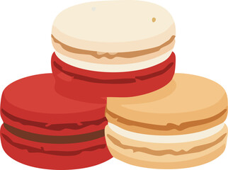 A flat vector illustration of colorful macarons in red, beige, and cream tones stacked together, representing elegant French desserts perfect for festive or bakery-themed designs.