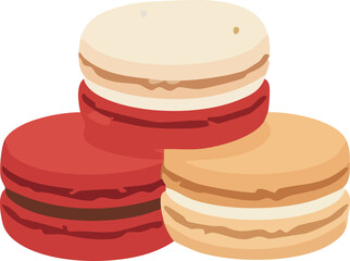 A flat vector illustration of colorful macarons in red, beige, and cream tones stacked together, representing elegant French desserts perfect for festive or bakery-themed designs.