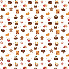 A seamless festive pattern featuring assorted Christmas desserts like gingerbread cookies, cupcakes, puddings, pies, macarons, and chocolate rolls, arranged on a white background in a cute flat vector