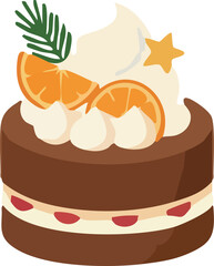 A flat vector illustration of a festive chocolate cake decorated with whipped cream, orange slices, a golden star, and a pine branch, symbolizing a cozy and elegant holiday dessert.