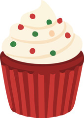 A festive flat vector illustration of a red cupcake with white whipped frosting topped with green and red sprinkles, representing a cheerful Christmas dessert.