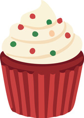 A festive flat vector illustration of a red cupcake with white whipped frosting topped with green and red sprinkles, representing a cheerful Christmas dessert.