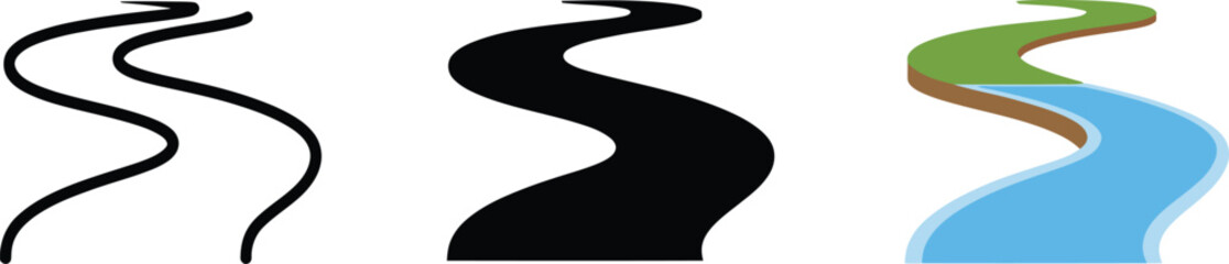 Winding road or river vector illustration in outline, solid, and isometric colorful styles © fay009