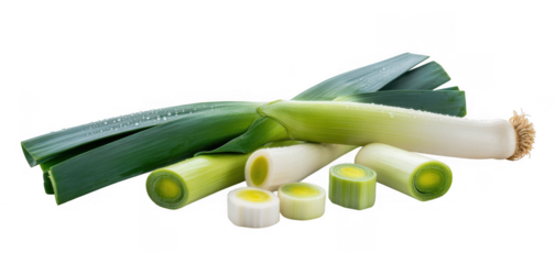 Fresh leeks with water droplets on dark background isolated on a transparent background