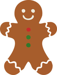 A flat vector illustration of a smiling gingerbread man decorated with white icing and colorful buttons, representing a classic festive Christmas cookie.