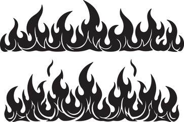 Two Rows of Black Silhouette Flames Border Designs on White Background fire on transparent background