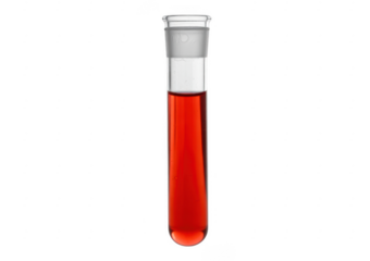 Glass test tube filled with red liquid and stopper isolated on a transparent background