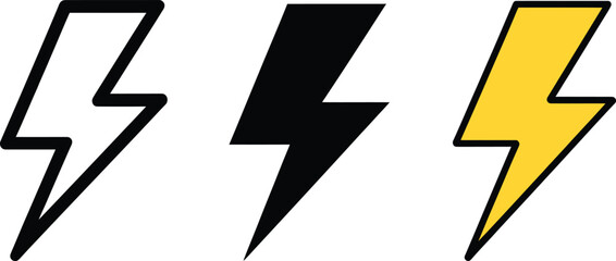 Lightning bolt vector icon in outline, solid black, and vibrant yellow color variations