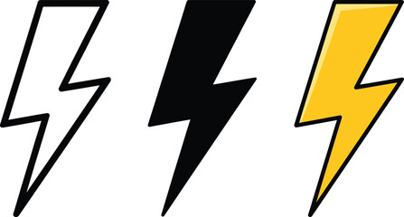 Lightning bolt vector icon in outline, solid black, and vibrant yellow color variations