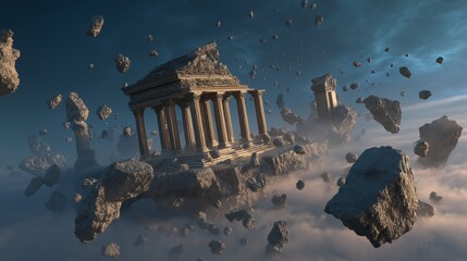 Ancient temple floating among zero gravity rocks and pillars dramatic sky mystical atmosphere surreal landscape fantasy scene stone architecture clouds ruins awe inspiring