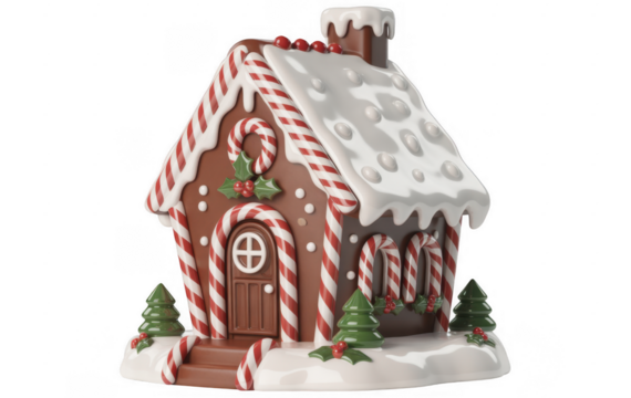 Gingerbread house with candy cane trim and snow isolated on a transparent background 1 - Powered by Adobe