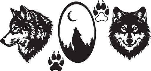 Wolf Head Silhouettes and Howling Wolf in Oval with Paw Prints animal wildlife on transparent background