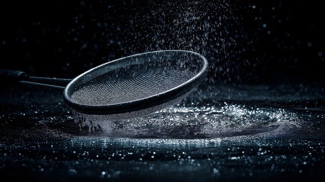 Catching water with sieve wasted time concept water splashing dark background dramatic lighting futility frustration wet surface metal mesh liquid motion failure