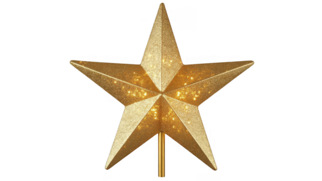 Glittering gold five pointed star Christmas tree topper with lights isolated on a transparent background