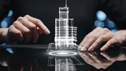 Hands manipulating holographic skyscraper model. Augmented reality architecture design with wireframe buildings. Digital 3D visualization for urban planning and construction concept. - Powered by Adobe