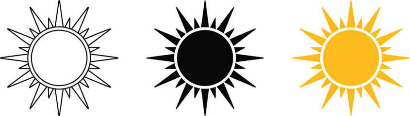 Sunburst symbol icon set, simple vector illustration of solar explosion in outline, solid, and color