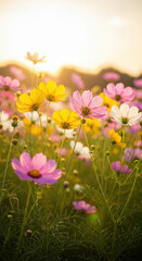 Obraz premium Colorful cosmos flowers in soft golden sunset light