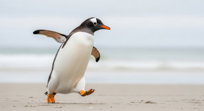Gentoo penguin waddling on a sandy beach shoreline - Powered by Adobe