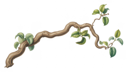 Gnarly brown tree branch with green leaves isolated on a transparent background