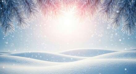 Winter landscape with frosted pines and falling snow