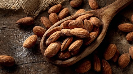 Artisan almonds in rustic wooden spoon, a delicious and healthy snack for mindful eating, perfect for food blogs and wellness brands, vintage style shot