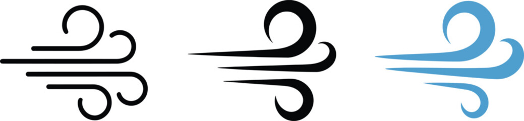 Wind line silhouette and color icon set vector breeze weather sign collection