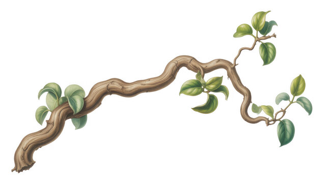 Gnarly brown tree branch with green leaves isolated on a transparent background