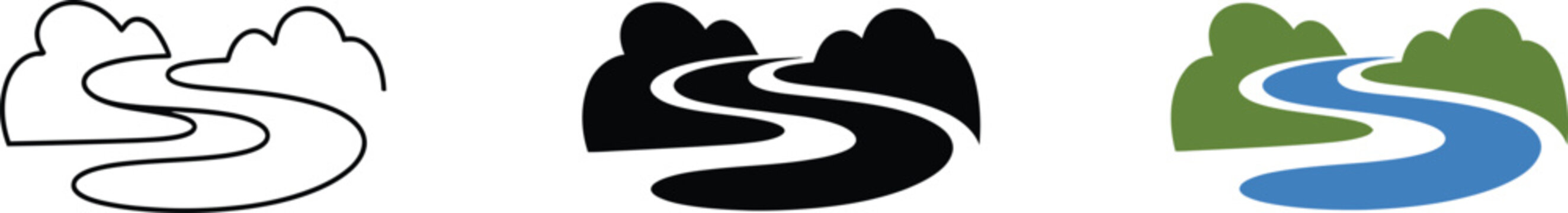 Winding river or road icon set, simple vector illustration of mountain path in outline, solid, and color