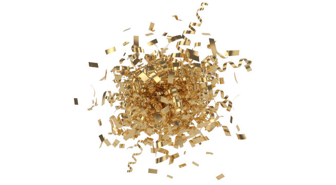 Gold confetti streamers and squares exploding outwards isolated on a transparent background - Powered by Adobe