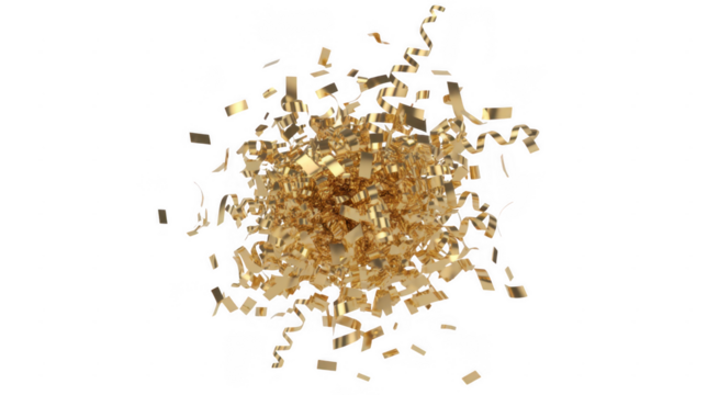 Gold confetti streamers and squares exploding outwards isolated on a transparent background