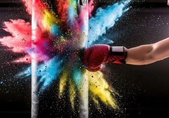 Red boxing glove punching a powder filled bag | boxing, boxer, fighting, punch, athlete, gloves, training, action, combat sport, strength