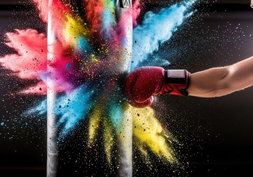 Red boxing glove punching a powder filled bag | boxing, boxer, fighting, punch, athlete, gloves, training, action, combat sport, strength - Powered by Adobe