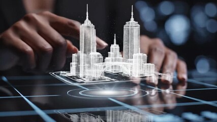 Hands assembling holographic city skyline. Virtual skyscrapers emerging with digital sparkles. Augmented reality urban development and futuristic architecture concept. - Powered by Adobe