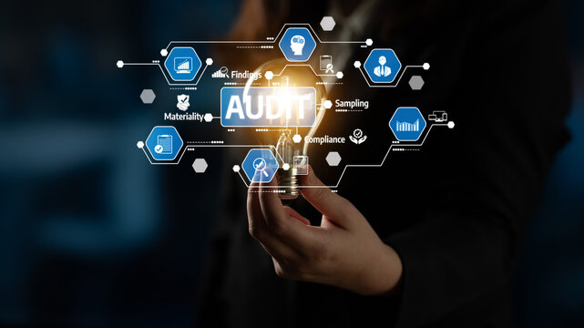 A business professional holds a light bulb, symbolizing innovative ideas for audit processes. Digital icons showcase compliance, sampling, and material findings relevant to finance. Tessel