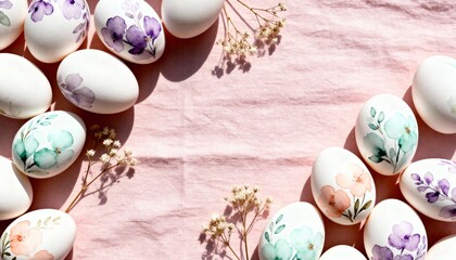 easter eggs with floral watercolor design on pink fabric with delicate dried flowers