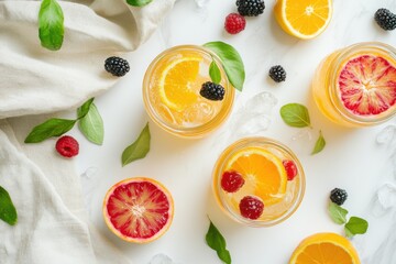 Naklejka premium Overhead flat lay of jam jar cocktails with citrus and berries on linen napkin