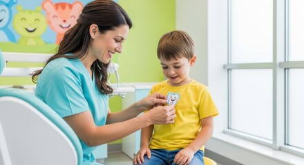 Female dentist with young caucasian child in playful pediatric dental office