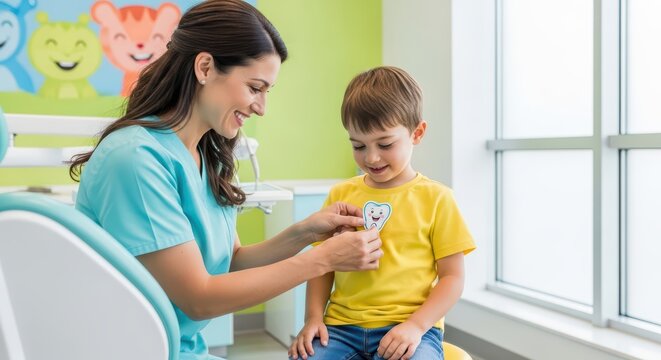 Female dentist with young caucasian child in playful pediatric dental office