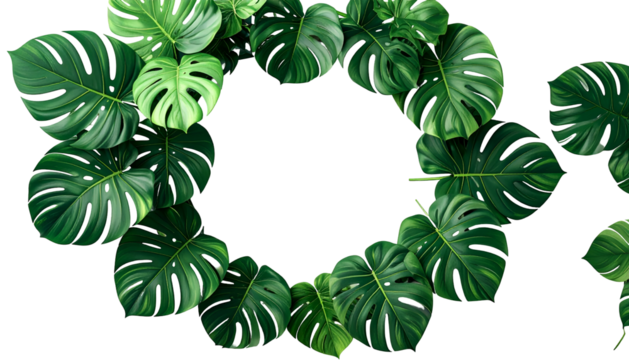 Lush green monstera leaves form a circular frame around a black void
